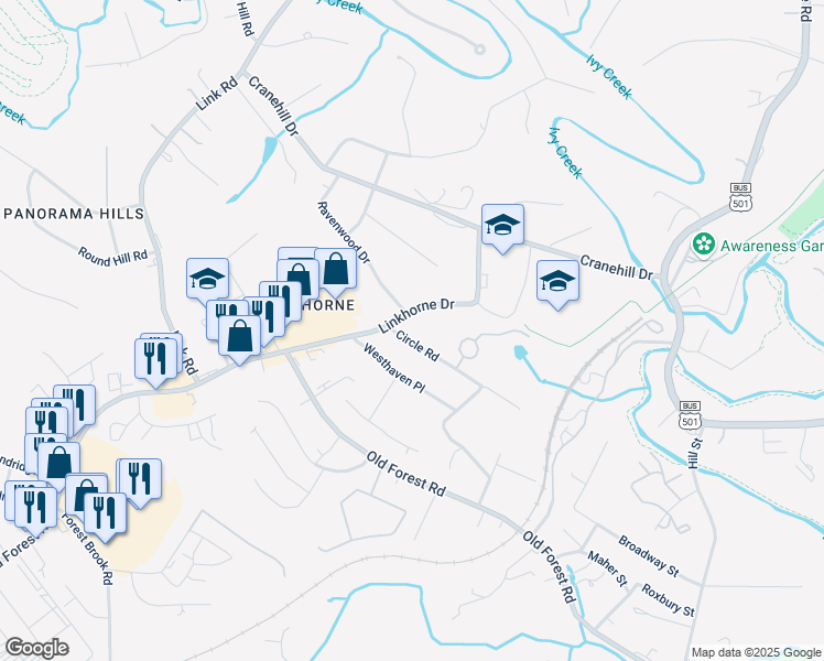 map of restaurants, bars, coffee shops, grocery stores, and more near 2640 Circle Road in Lynchburg