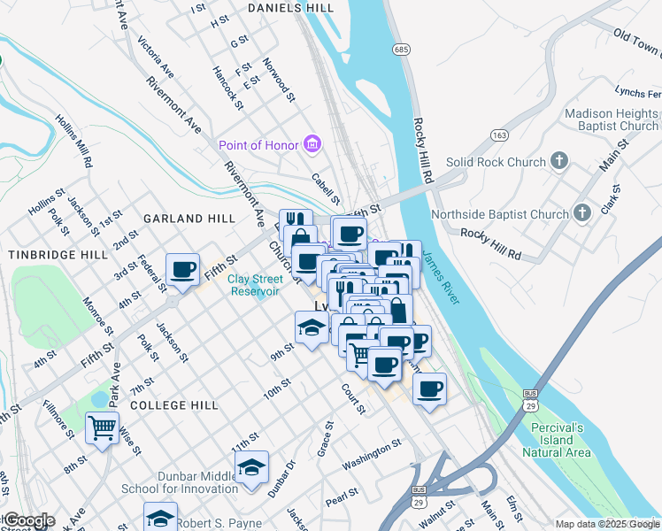 map of restaurants, bars, coffee shops, grocery stores, and more near 750 Main Street in Lynchburg