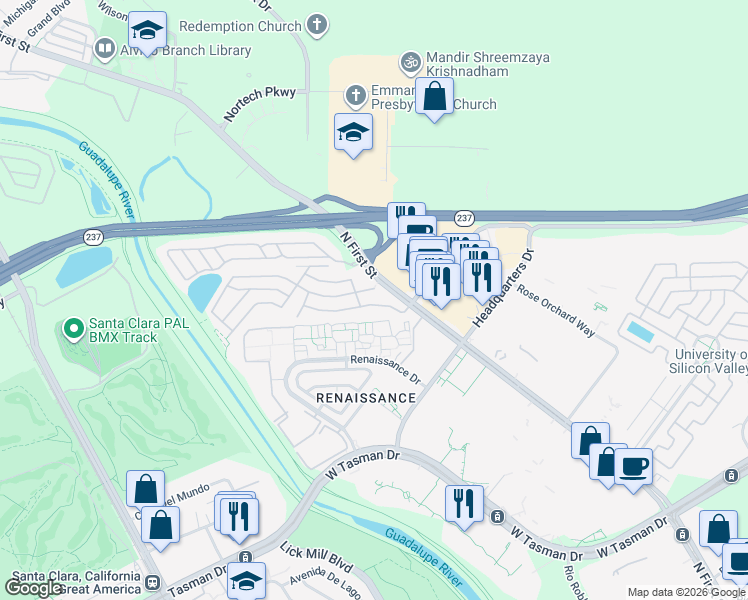 map of restaurants, bars, coffee shops, grocery stores, and more near 307 Southbay Drive in San Jose