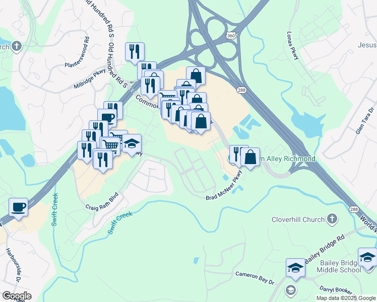 map of restaurants, bars, coffee shops, grocery stores, and more near 5125 Terrace Arbor Circle in Midlothian