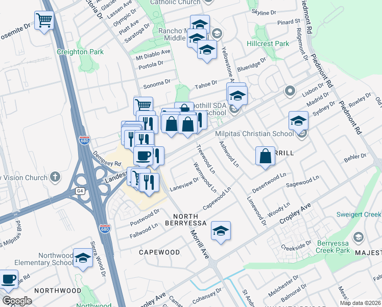 map of restaurants, bars, coffee shops, grocery stores, and more near 3141 Warmwood Lane in San Jose