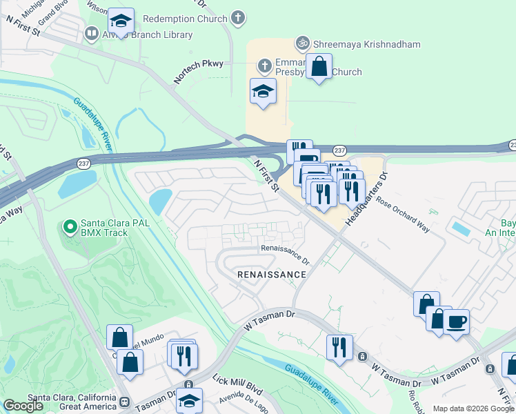 map of restaurants, bars, coffee shops, grocery stores, and more near 551 Southbay Drive in San Jose