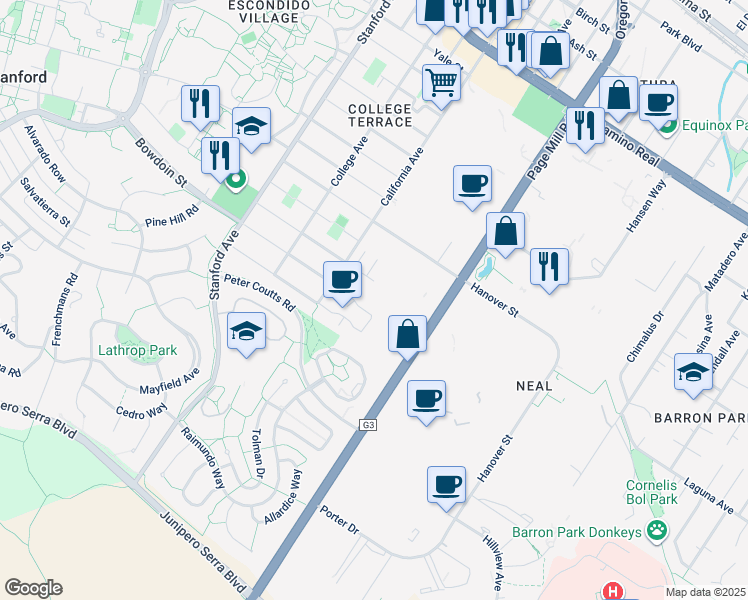 map of restaurants, bars, coffee shops, grocery stores, and more near 1620 Amherst Way in Palo Alto