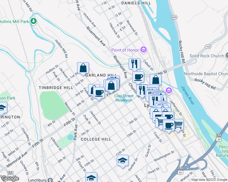 map of restaurants, bars, coffee shops, grocery stores, and more near 513 Clay Street in Lynchburg