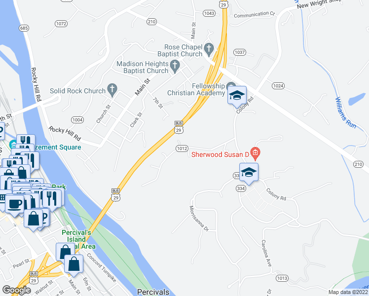 map of restaurants, bars, coffee shops, grocery stores, and more near Sunset Drive in Madison Heights