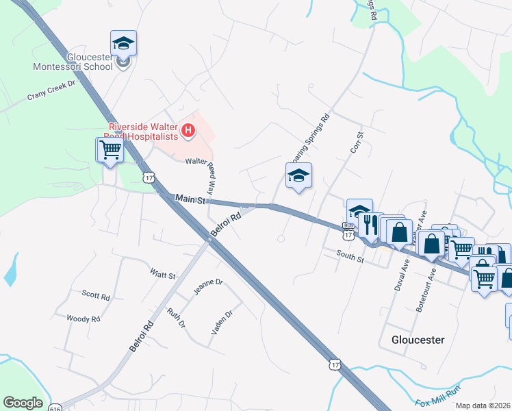 map of restaurants, bars, coffee shops, grocery stores, and more near 8051 Belroi Road in Gloucester