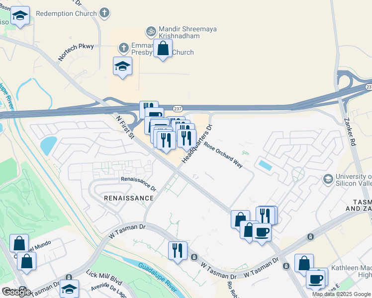map of restaurants, bars, coffee shops, grocery stores, and more near 75 Headquarters Drive in San Jose