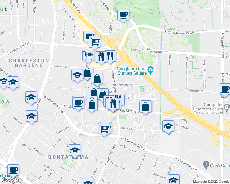 map of restaurants, bars, coffee shops, grocery stores, and more near North Rengstorff Avenue & Wyandotte Street in Mountain View