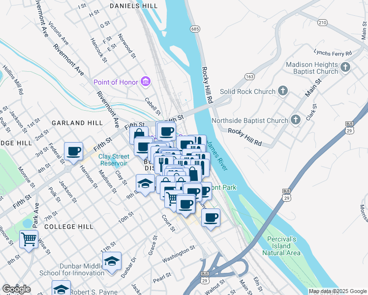 map of restaurants, bars, coffee shops, grocery stores, and more near 23 9th Street in Lynchburg