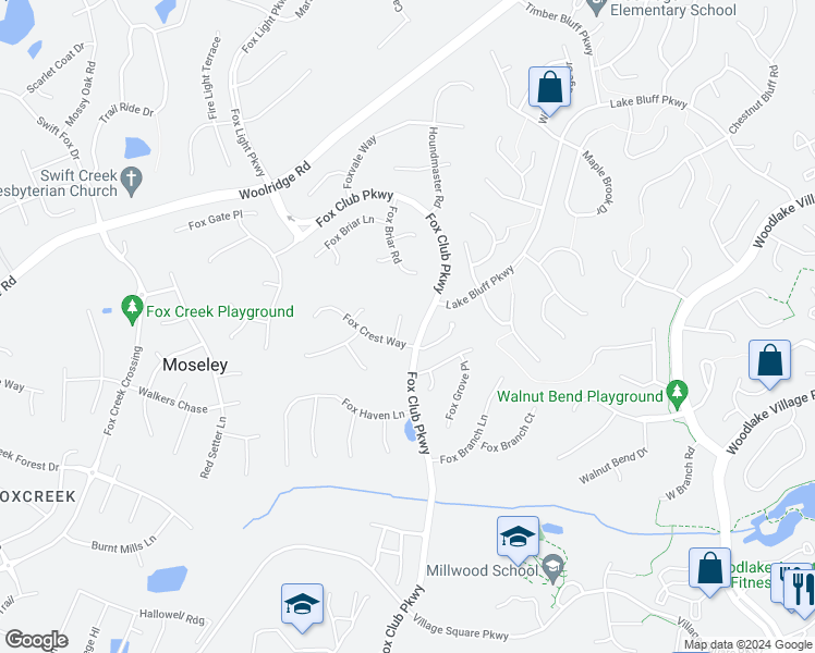 map of restaurants, bars, coffee shops, grocery stores, and more near 5905 Fox Crest Place in Midlothian
