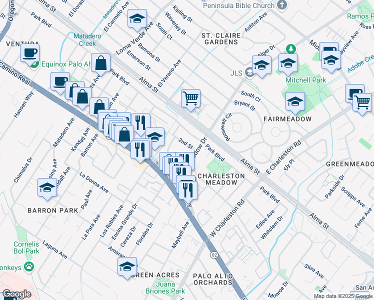 map of restaurants, bars, coffee shops, grocery stores, and more near 4085 Wilkie Way in Palo Alto