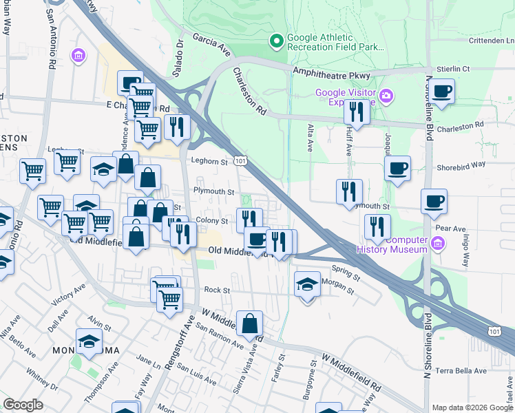 map of restaurants, bars, coffee shops, grocery stores, and more near 1912 Newbury Drive in Mountain View