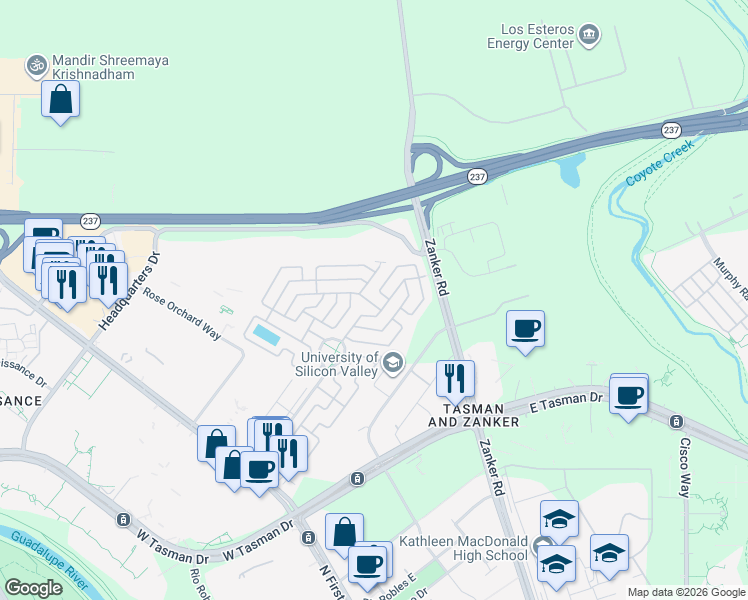 map of restaurants, bars, coffee shops, grocery stores, and more near 866 Spindrift Street in San Jose
