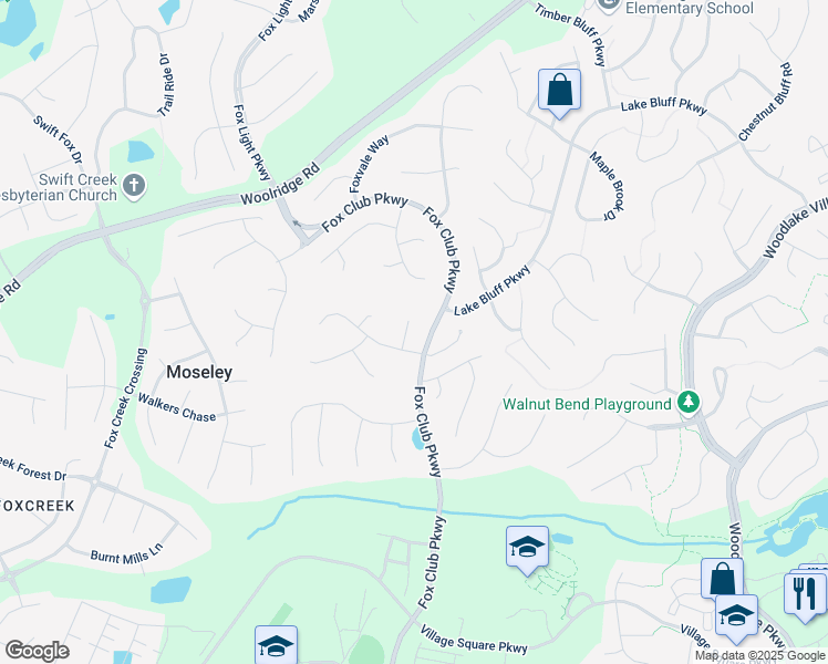map of restaurants, bars, coffee shops, grocery stores, and more near 5905 Fox Crest Place in Midlothian