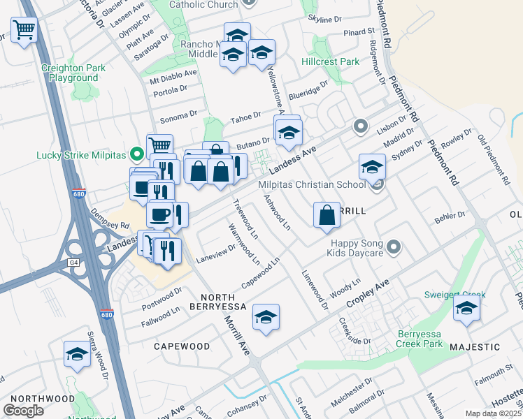 map of restaurants, bars, coffee shops, grocery stores, and more near 2122 Treewood Lane in San Jose