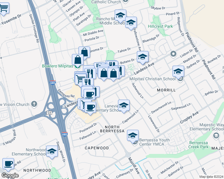 map of restaurants, bars, coffee shops, grocery stores, and more near 3141 Warmwood Lane in San Jose