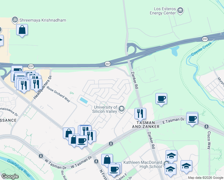 map of restaurants, bars, coffee shops, grocery stores, and more near 874 Spindrift Avenue in San Jose