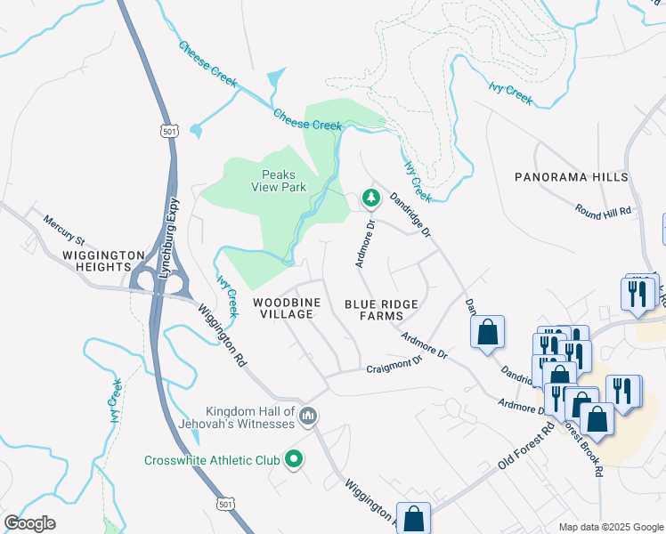 map of restaurants, bars, coffee shops, grocery stores, and more near 1424B Ramsgate Lane in Lynchburg