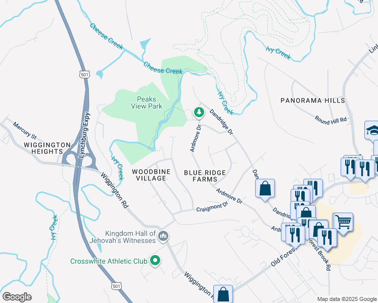 map of restaurants, bars, coffee shops, grocery stores, and more near 1129 Ardmore Drive in Lynchburg