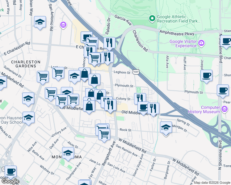 map of restaurants, bars, coffee shops, grocery stores, and more near in Mountain View