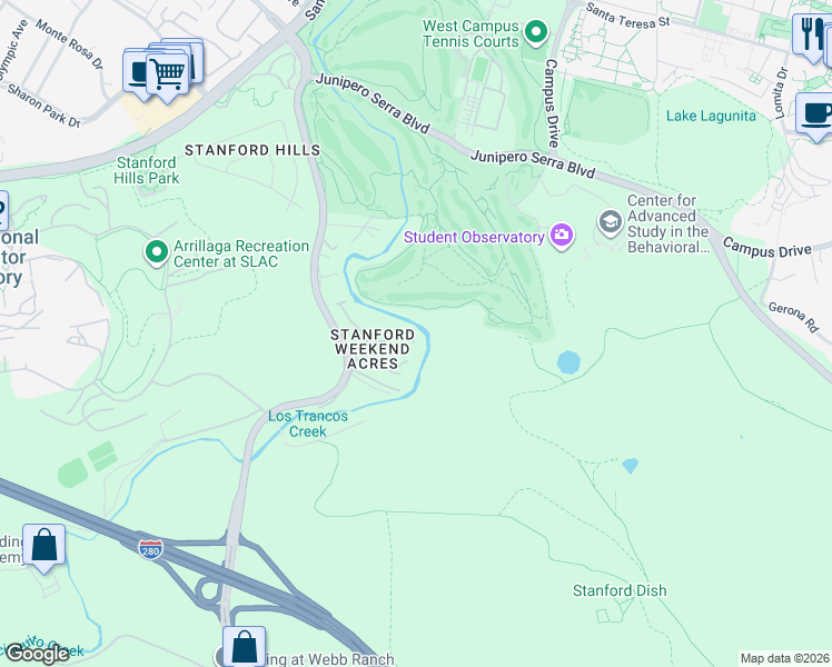 map of restaurants, bars, coffee shops, grocery stores, and more near 30 Bishop Oak Court in Menlo Park