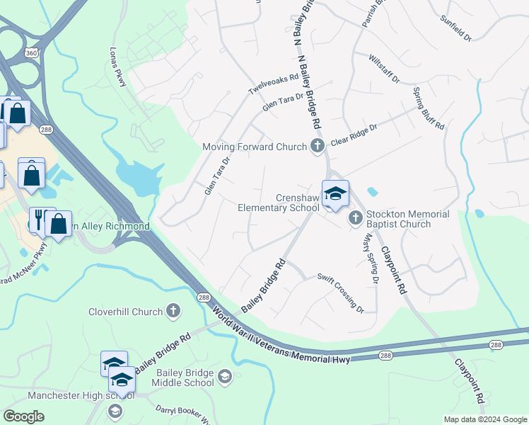 map of restaurants, bars, coffee shops, grocery stores, and more near 12001 Timber Trail Drive in Midlothian