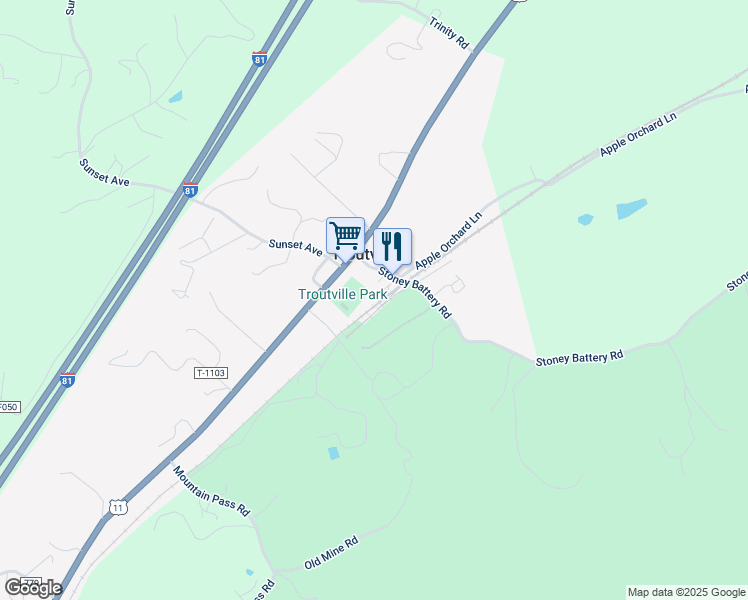 map of restaurants, bars, coffee shops, grocery stores, and more near 108 Stoney Battery Road in Troutville