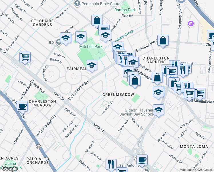 map of restaurants, bars, coffee shops, grocery stores, and more near 391 Creekside Drive in Palo Alto