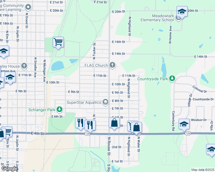 map of restaurants, bars, coffee shops, grocery stores, and more near 1011 East 9th Street in Pittsburg