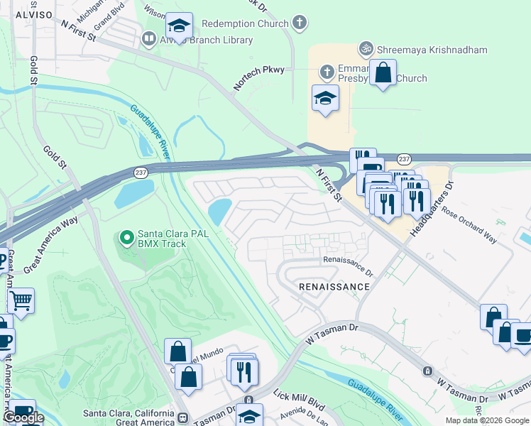 map of restaurants, bars, coffee shops, grocery stores, and more near 4319 Renaissance Drive in San Jose