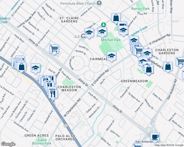 map of restaurants, bars, coffee shops, grocery stores, and more near 3785 Wright Place in Palo Alto