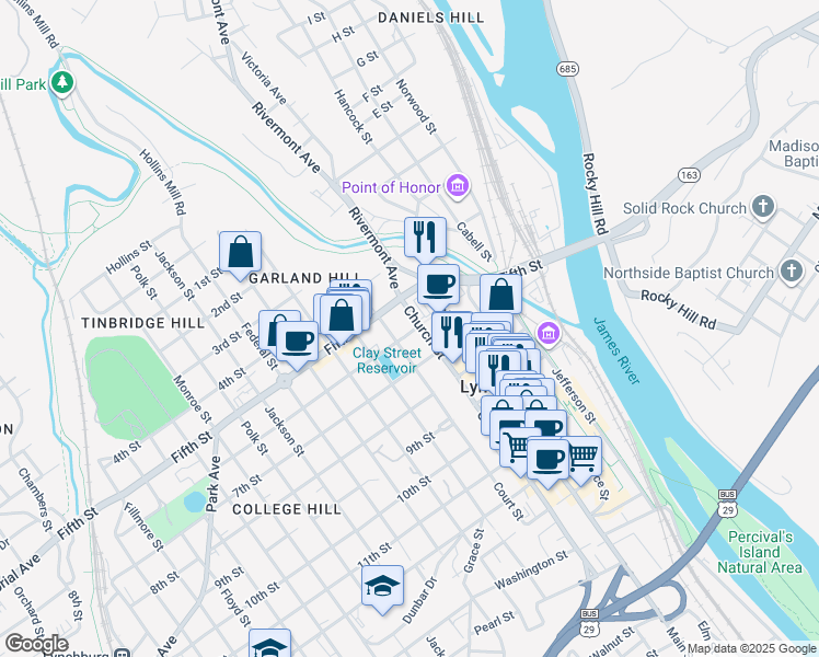 map of restaurants, bars, coffee shops, grocery stores, and more near in Lynchburg