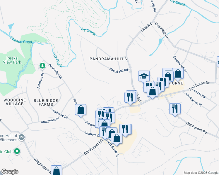 map of restaurants, bars, coffee shops, grocery stores, and more near 3636 Ridgecroft Drive in Lynchburg