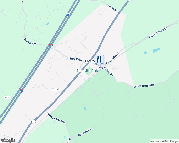 map of restaurants, bars, coffee shops, grocery stores, and more near 108 Stoney Battery Road in Troutville