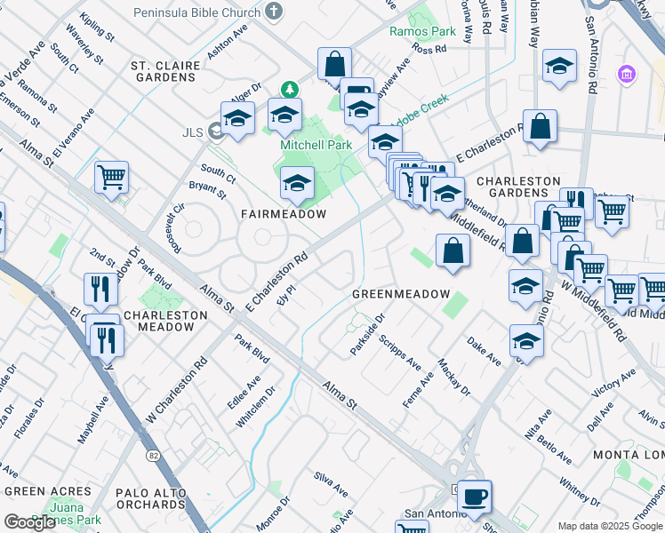 map of restaurants, bars, coffee shops, grocery stores, and more near 3905 Duncan Place in Palo Alto