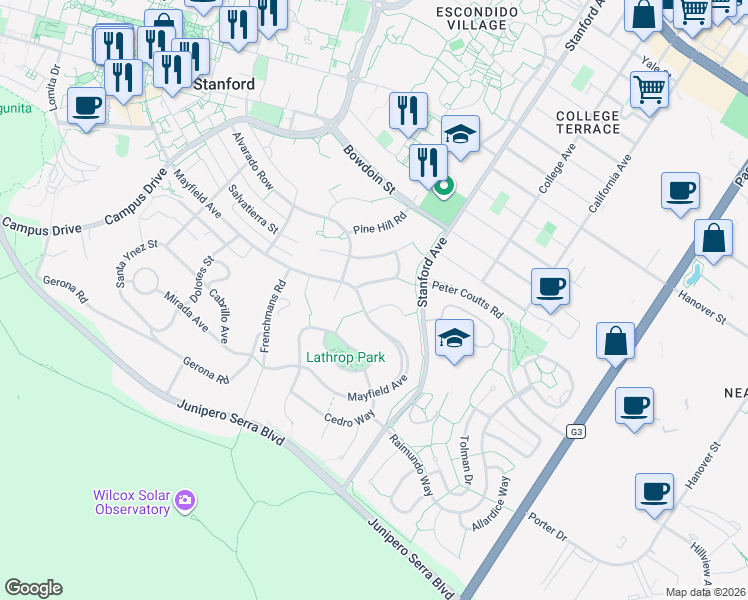 map of restaurants, bars, coffee shops, grocery stores, and more near 823 Sonoma Terrace in Stanford