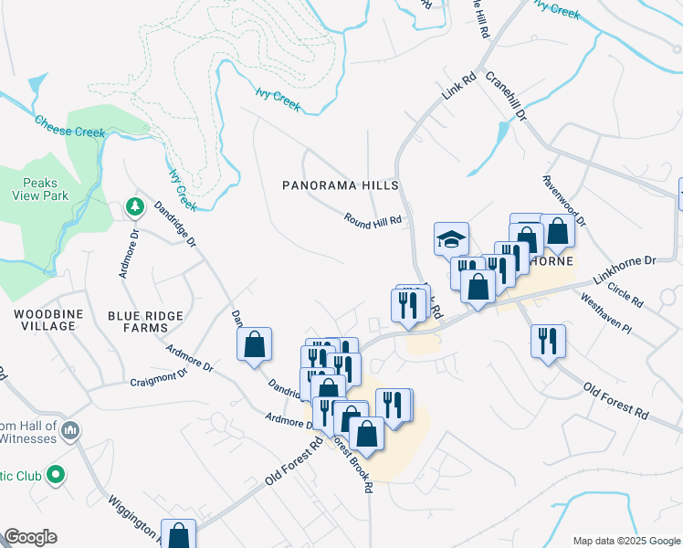 map of restaurants, bars, coffee shops, grocery stores, and more near 3636 Ridgecroft Drive in Lynchburg