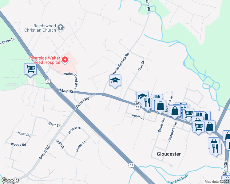 map of restaurants, bars, coffee shops, grocery stores, and more near 6361 Main Street in Gloucester