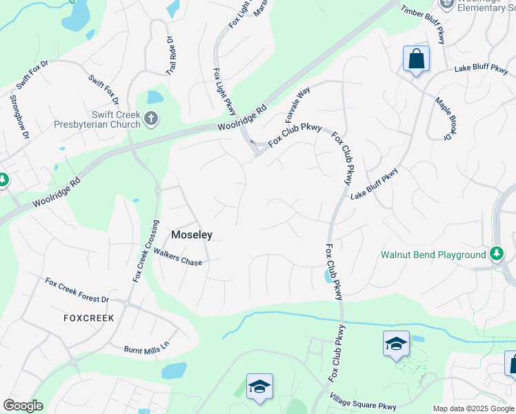 map of restaurants, bars, coffee shops, grocery stores, and more near 15412 Fox Crest Way in Midlothian