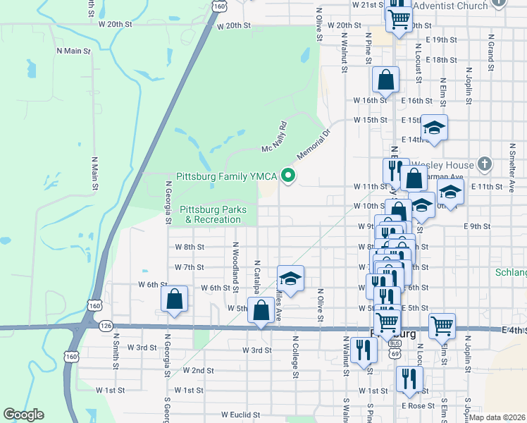 map of restaurants, bars, coffee shops, grocery stores, and more near 902 North Catalpa Street in Pittsburg