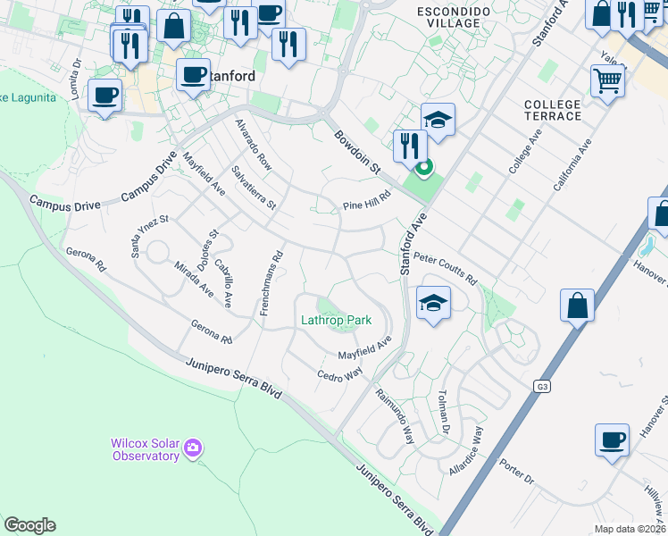 map of restaurants, bars, coffee shops, grocery stores, and more near 733 Alvarado Court in Stanford