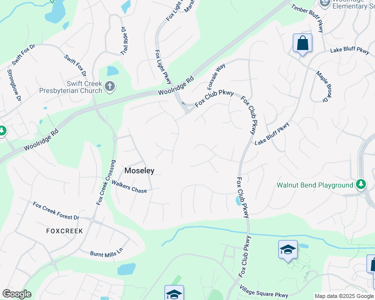 map of restaurants, bars, coffee shops, grocery stores, and more near 15412 Fox Crest Way in Midlothian