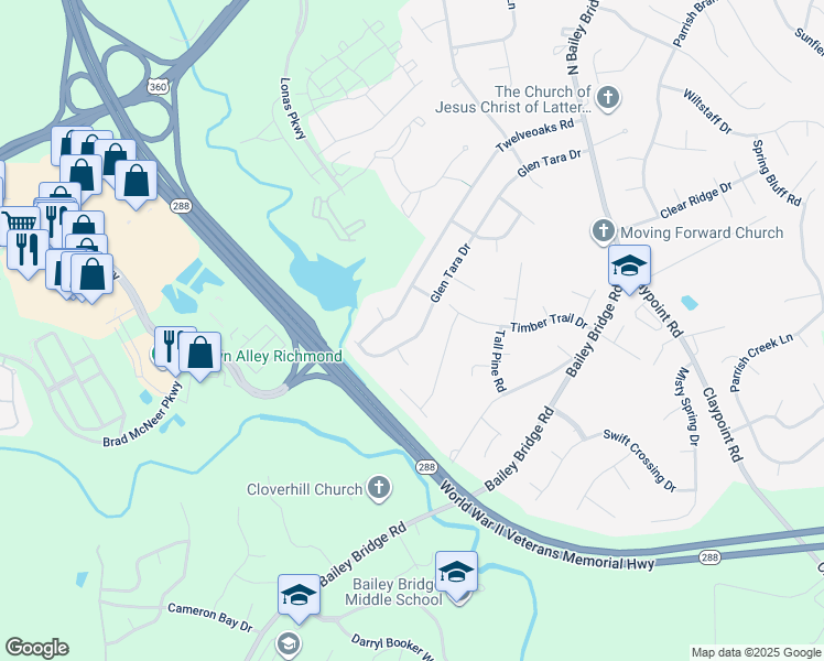 map of restaurants, bars, coffee shops, grocery stores, and more near 5030 Glen Tara Drive in Midlothian