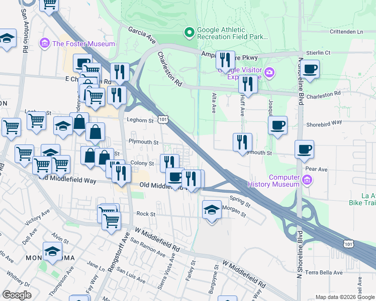 map of restaurants, bars, coffee shops, grocery stores, and more near 1906 Plymouth Street in Mountain View