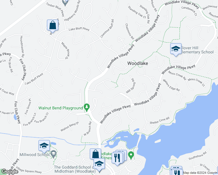 map of restaurants, bars, coffee shops, grocery stores, and more near 5909 Acorn Ridge Court in Midlothian