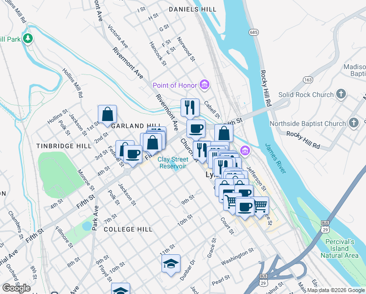 map of restaurants, bars, coffee shops, grocery stores, and more near 503 Church Street in Lynchburg