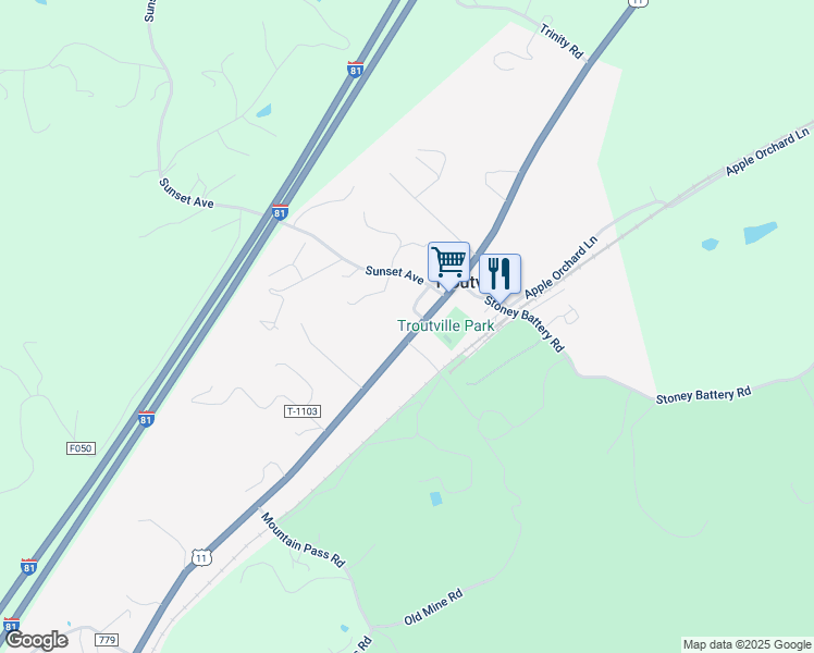 map of restaurants, bars, coffee shops, grocery stores, and more near 84 School Drive in Troutville