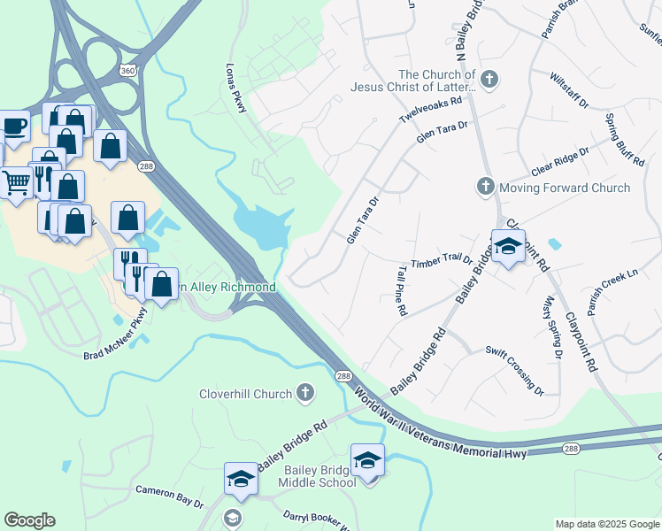 map of restaurants, bars, coffee shops, grocery stores, and more near 5030 Glen Tara Drive in Midlothian