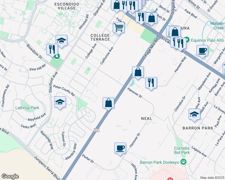 map of restaurants, bars, coffee shops, grocery stores, and more near 1400 Page Mill Road in Palo Alto
