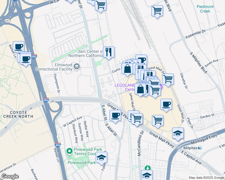 map of restaurants, bars, coffee shops, grocery stores, and more near 1001 South Main Street in Milpitas